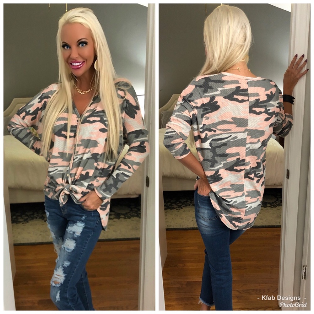 🥰LAST 1! Pink Camo Waffle Knit Tie Front Tunic! - Picture 1 of 7